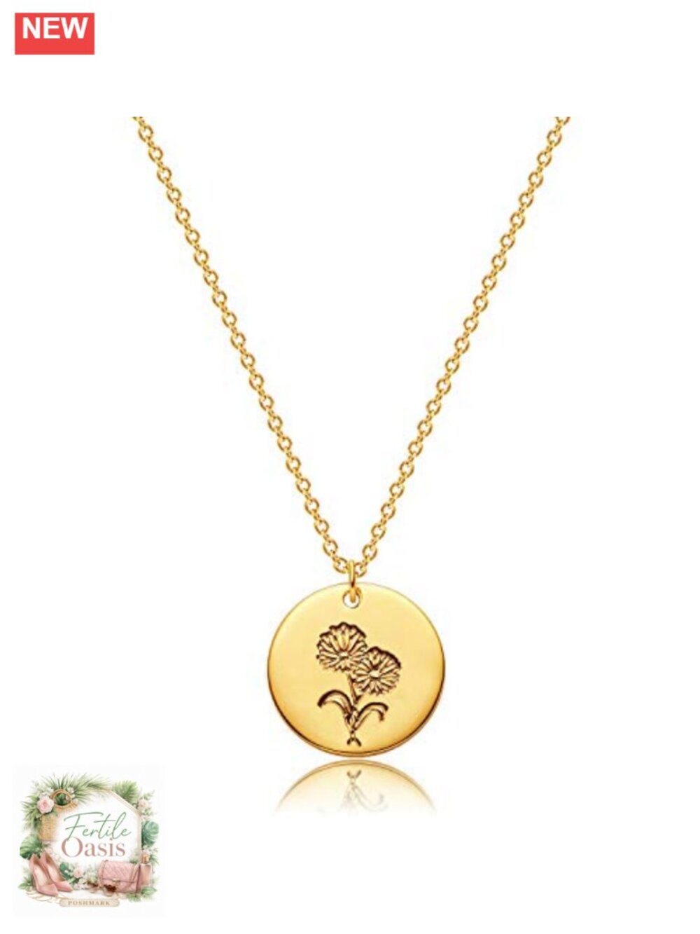 18K Gold Plated Brass Birth Flower Disc Pendant Necklace Botanical